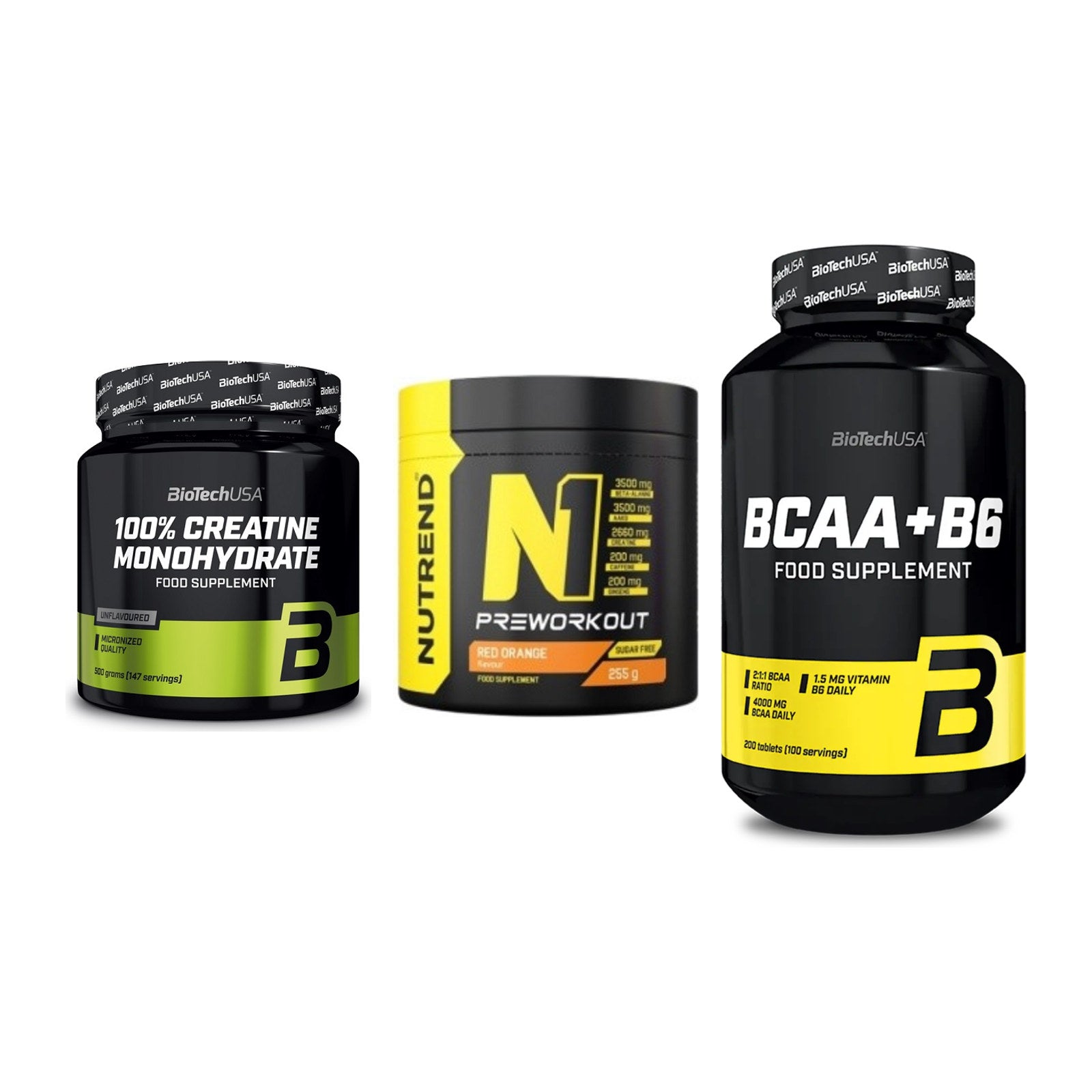 Kraft-Stack: BioTech Creatine + Nutrend N1 + BioTech BCAA+B6 – alle enthaltenen Artikel