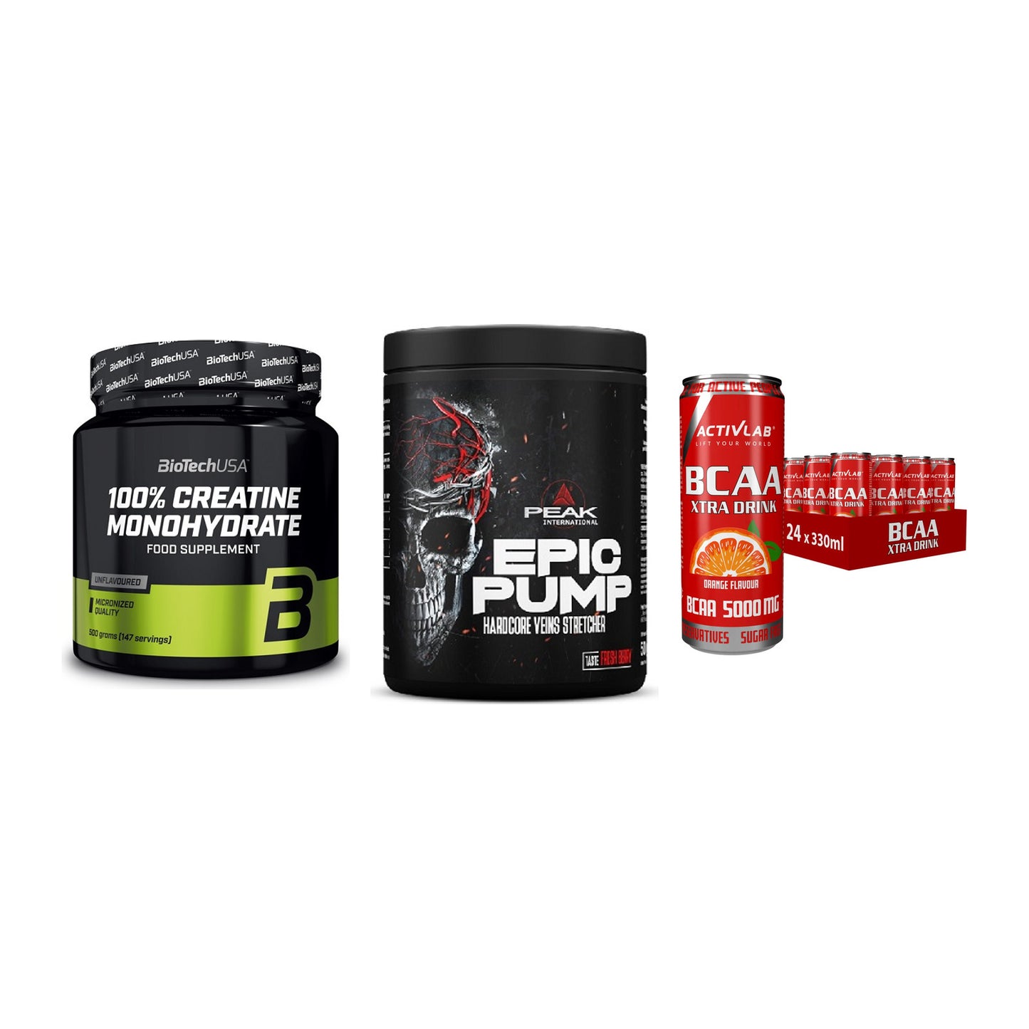 Kraft-Stack: BioTech Creatine + Peak EPIC Pump + Activlab BCAA – alle enthaltenen Artikel