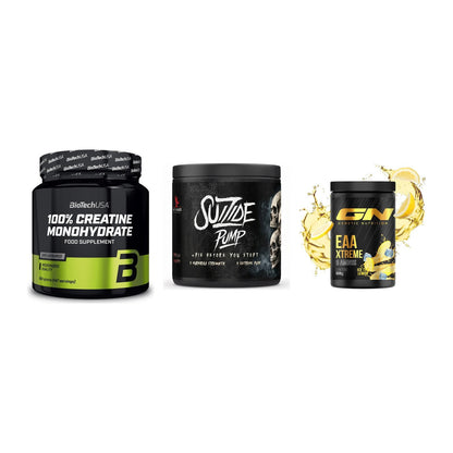 Kraft-Stack: BioTech Creatine + #GYMJUICE SUIZIDE + GN EAA Xtreme – alle enthaltenen Artikel