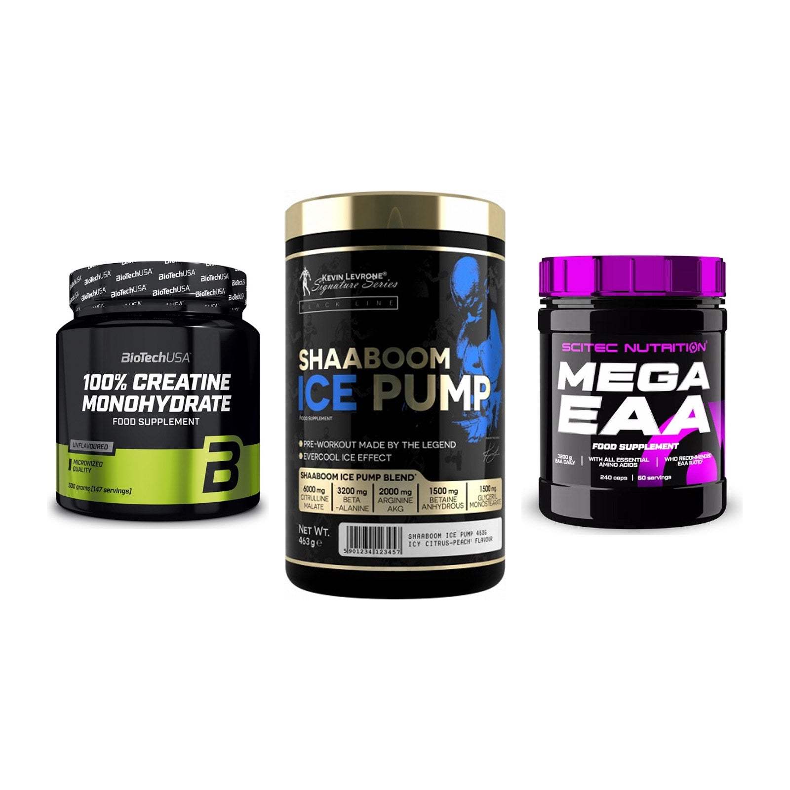 Kraft-Stack: BioTech Creatine + Kevin Levrone + Scitec Mega EAA – alle enthaltenen Artikel