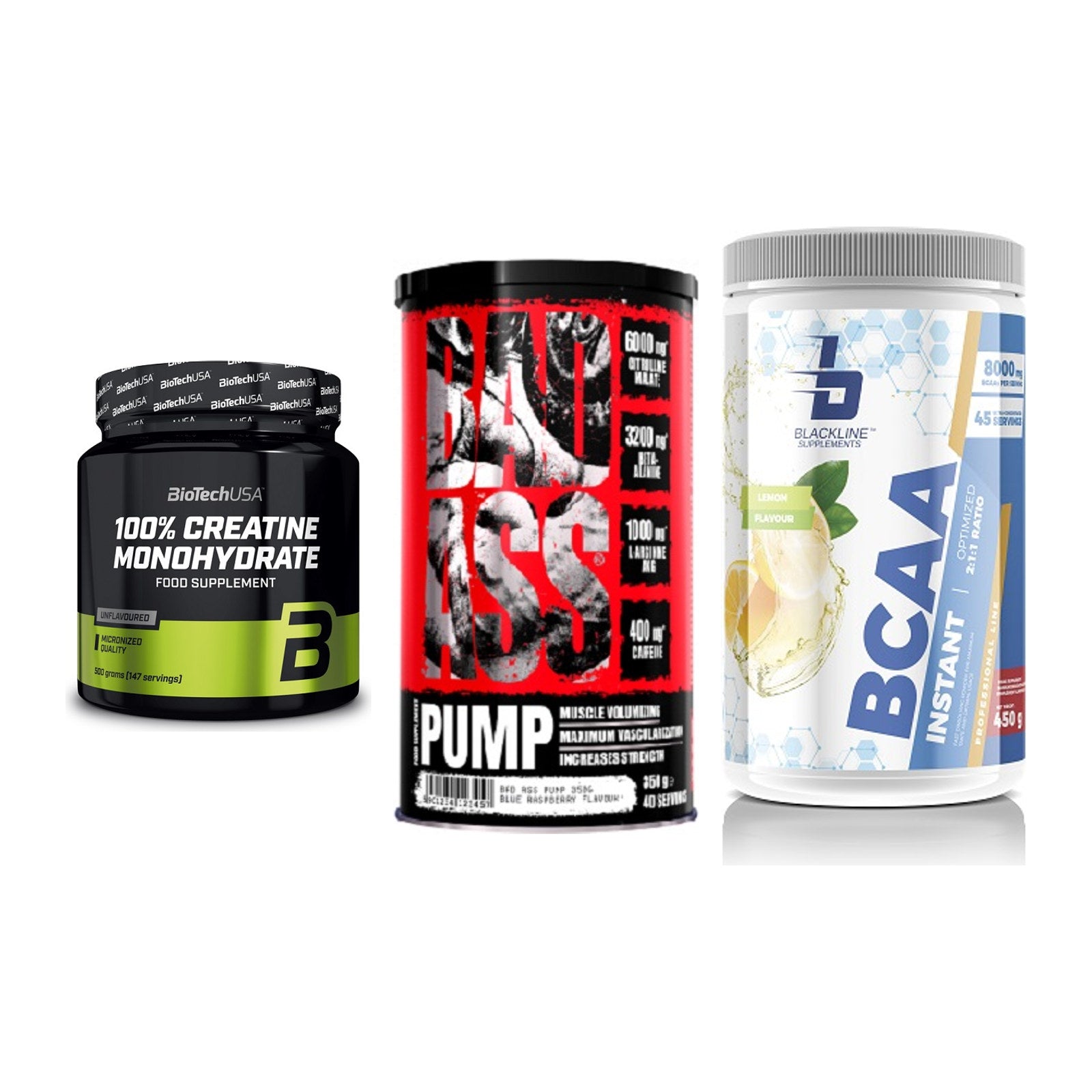 Kraft-Stack: BioTech Creatine + BAD ASS Pump + Blackline – alle enthaltenen Artikel