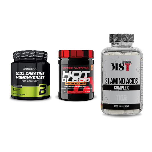 Kraft-Stack: BioTech Creatine + Scitec Hot Blood + MST 21 Amino – alle enthaltenen Artikel