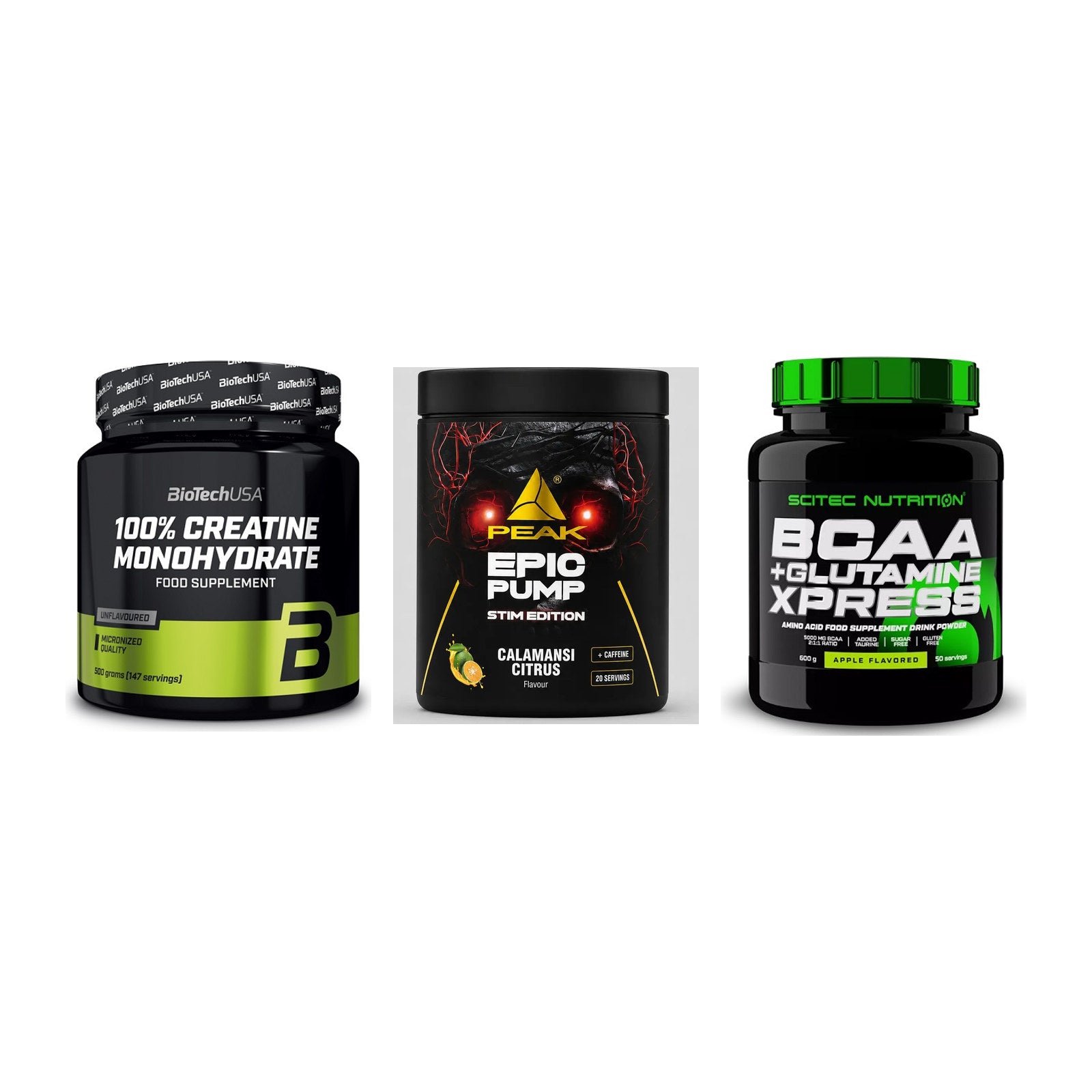 Kraft-Stack: BioTech Creatine + Peak Epic Pump + Scitec BCAA – alle enthaltenen Artikel