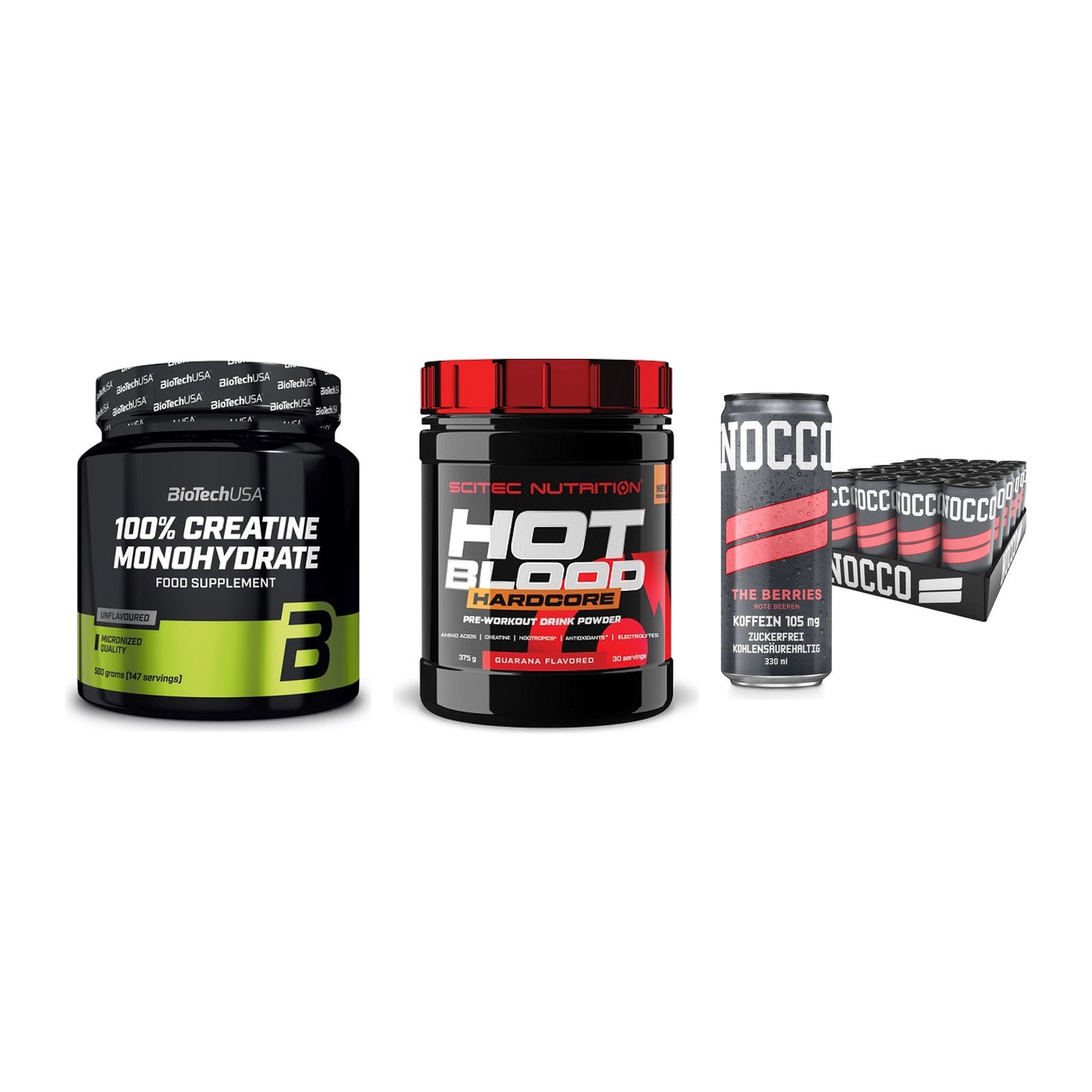 Kraft-Stack: BioTech Creatine + Scitec Hot Blood + Nocco BCAA Drink – alle enthaltenen Artikel
