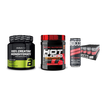 Kraft-Stack: BioTech Creatine + Scitec Hot Blood + Nocco BCAA Drink – alle enthaltenen Artikel