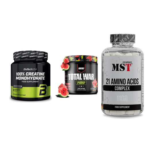 Kraft-Stack: BioTech Creatine + Redcon1 Total War + MST 21 Amino – alle enthaltenen Artikel
