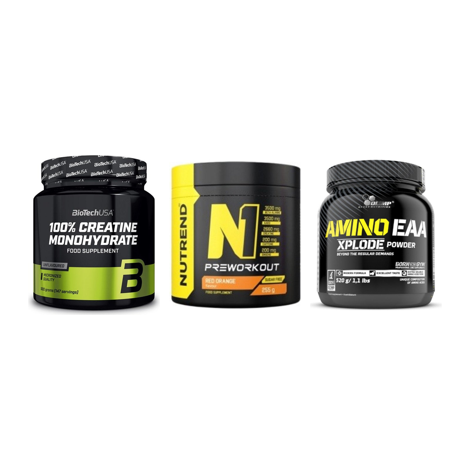 Kraft-Stack: BioTech Creatine + Nutrend N1 + Olimp Amino EAA – alle enthaltenen Artikel