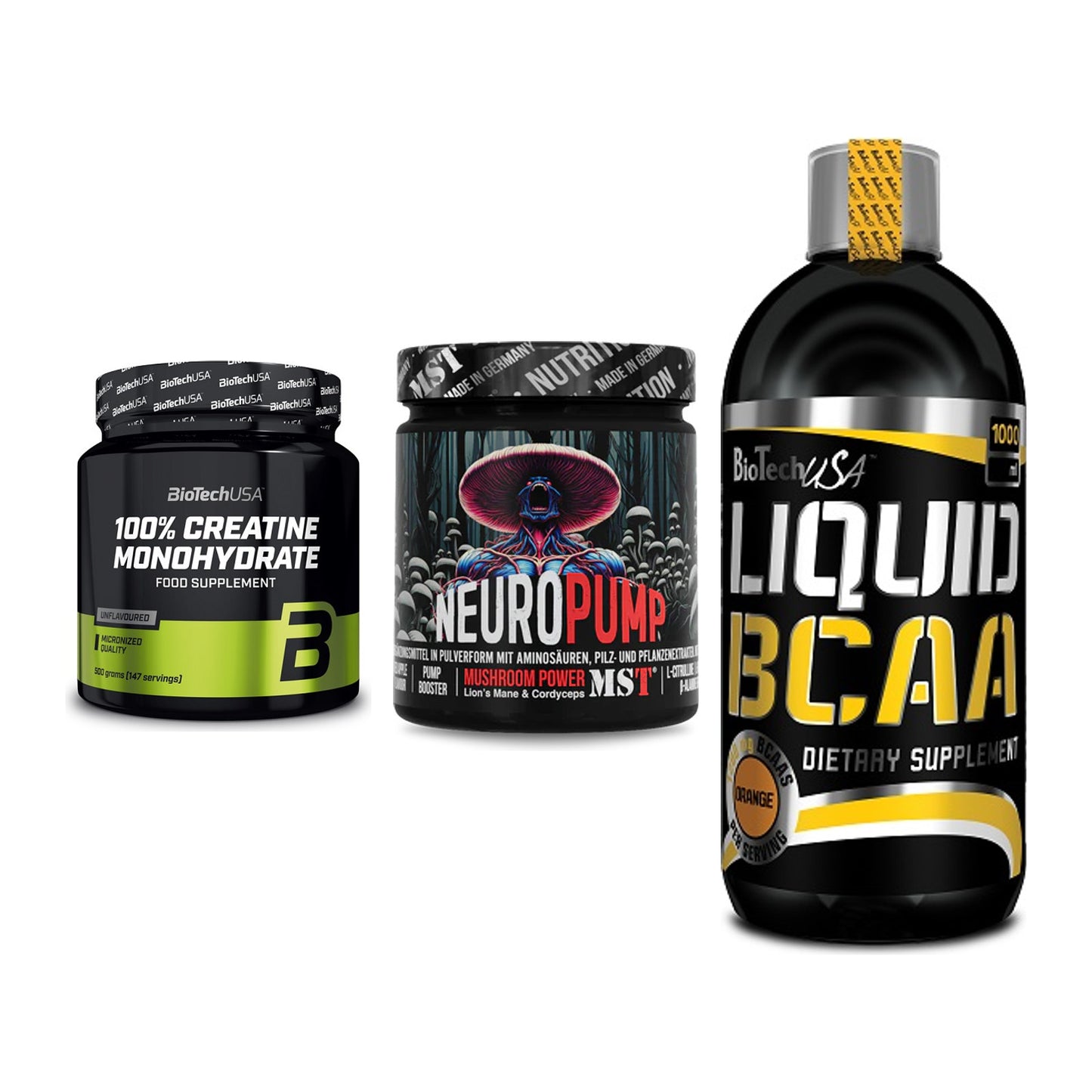 Kraft-Stack: BioTech Creatine + MST NeuroPump + BioTech Liquid – alle enthaltenen Artikel