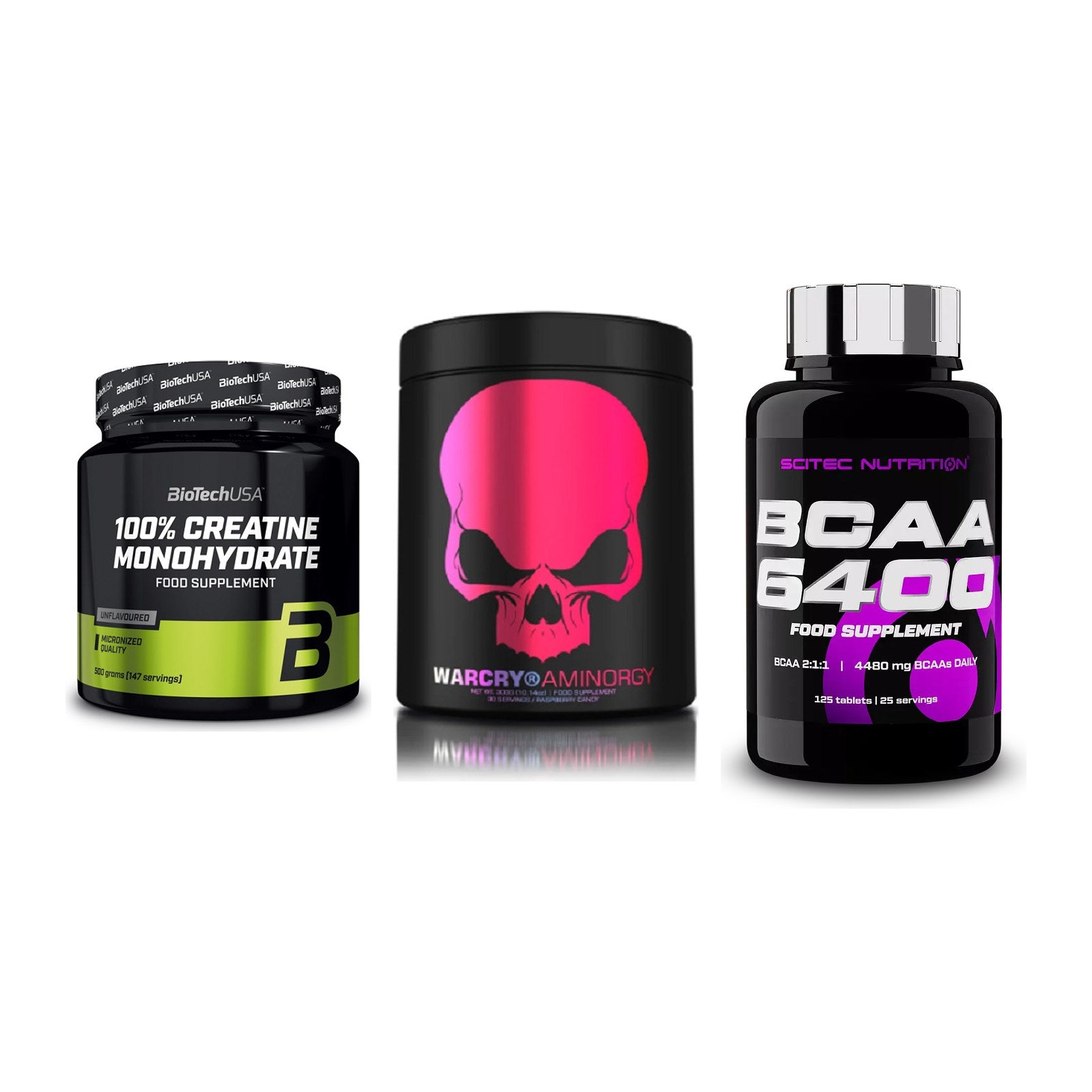 Kraft-Stack: BioTech Creatine + Genius Nutrition + Scitec BCAA 6400 – alle enthaltenen Artikel