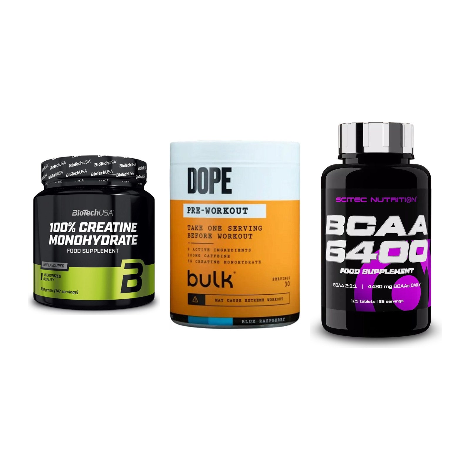 Kraft-Stack: BioTech Creatine + Bulk Dope + Scitec BCAA 6400 – alle enthaltenen Artikel