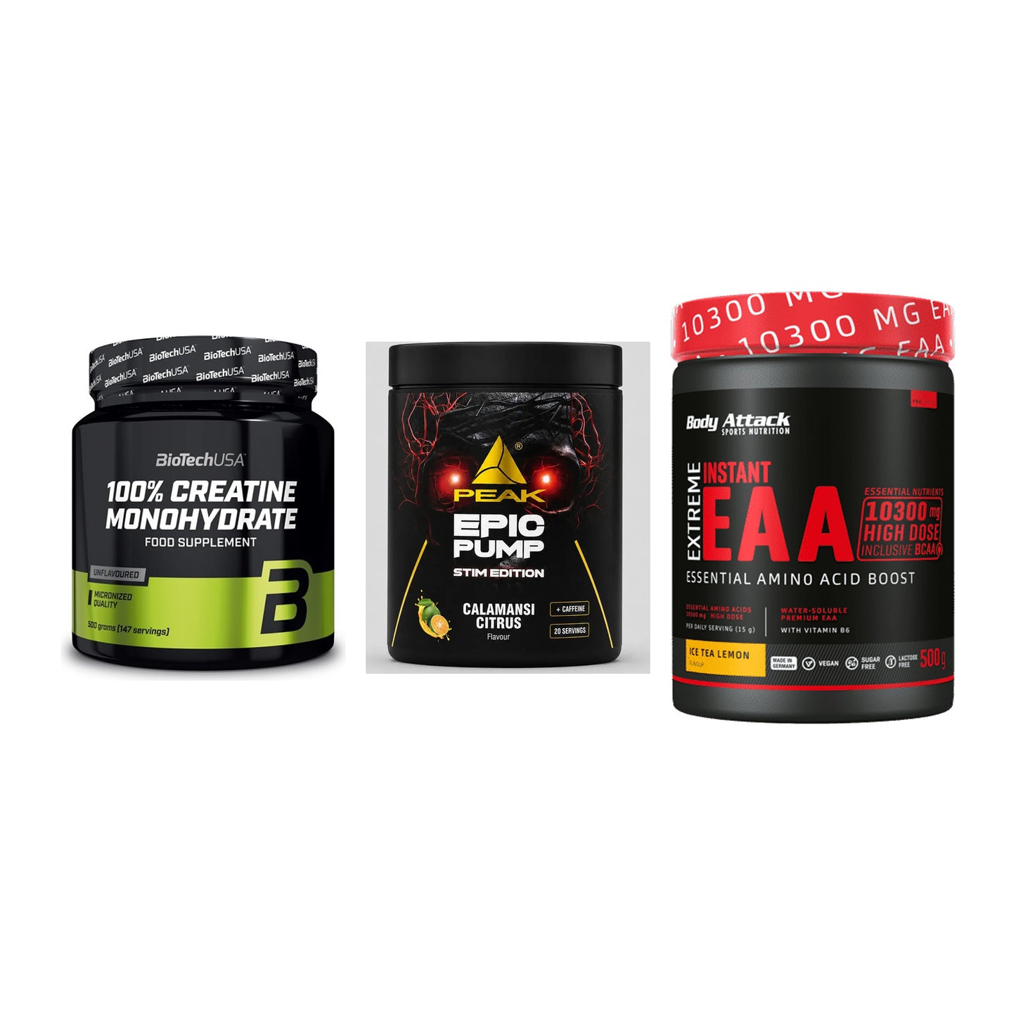 Kraft-Stack: BioTech Creatine + Peak Epic Pump + Body Attack – alle enthaltenen Artikel