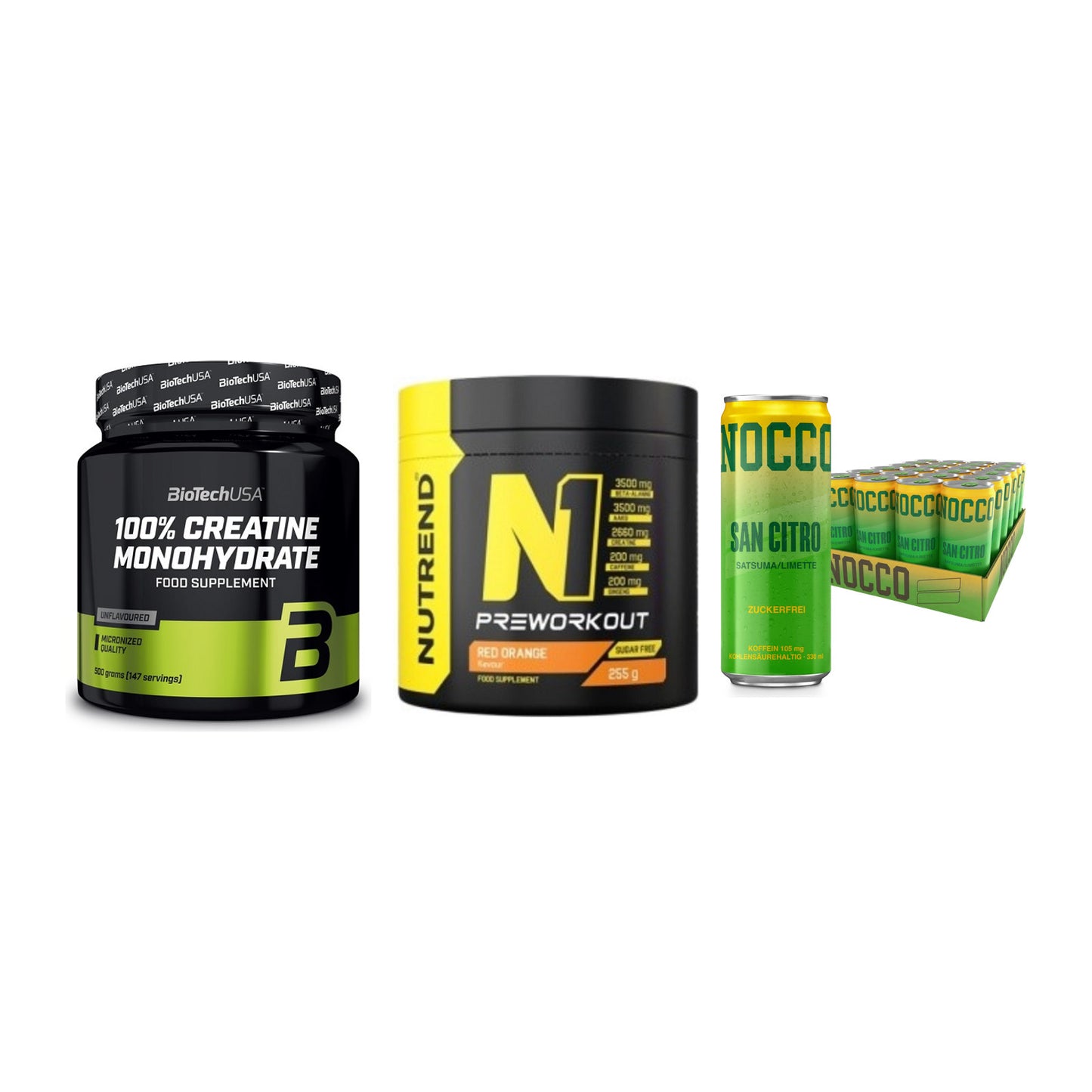 Kraft-Stack: BioTech Creatine + Nutrend N1 + Nocco BCAA Drink – alle enthaltenen Artikel