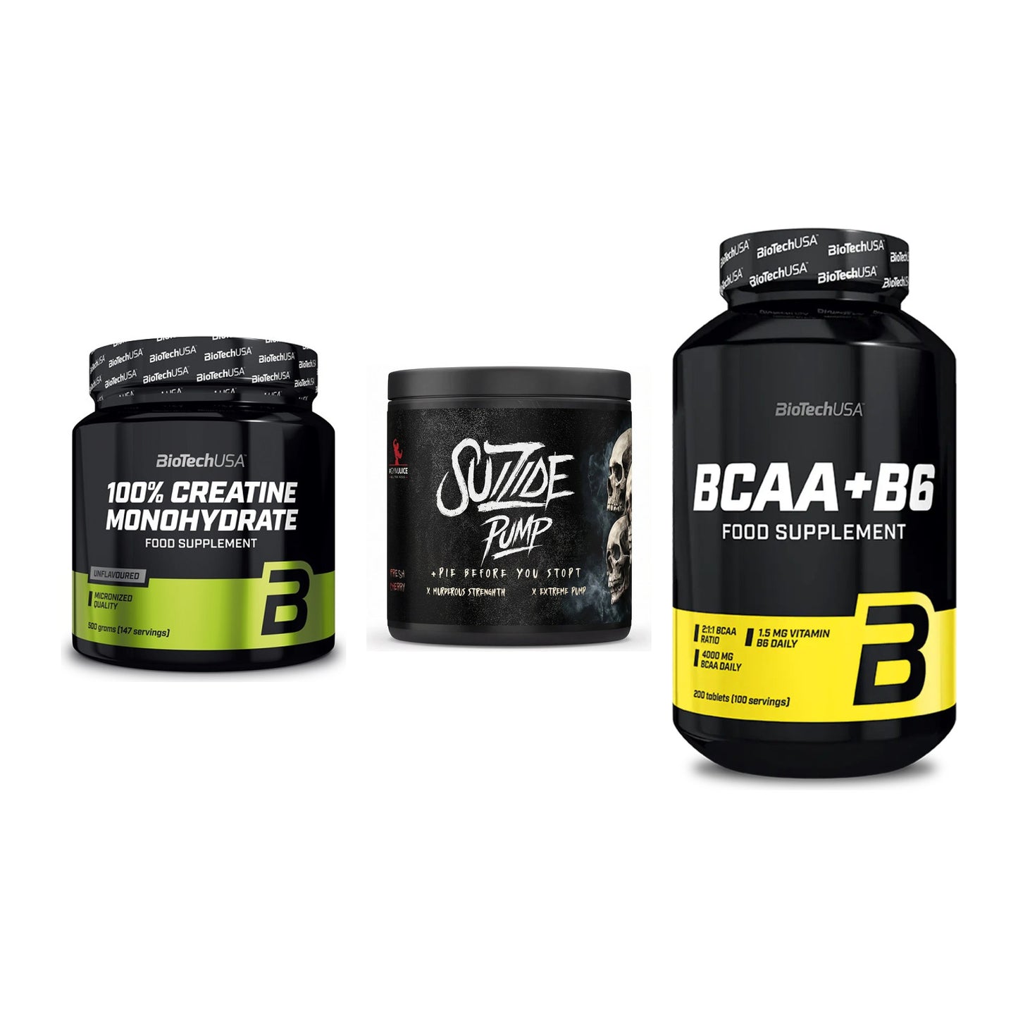 Kraft-Stack: BioTech Creatine + #GYMJUICE SUIZIDE + BioTech BCAA+B6 – alle enthaltenen Artikel