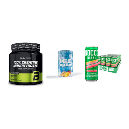 Kraft-Stack: BioTech Creatine + FA Nutrition ICE + Nocco BCAA Drink – alle enthaltenen Artikel