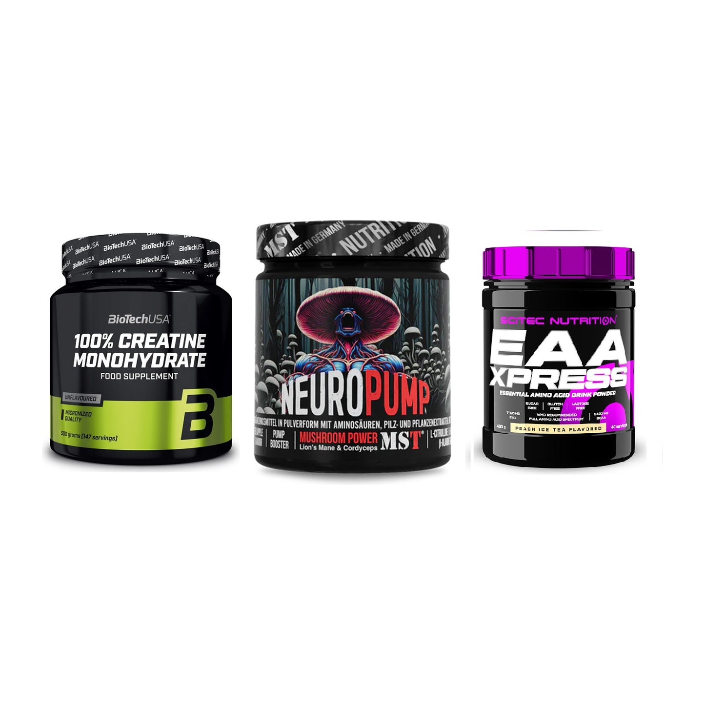Kraft-Stack: BioTech Creatine + MST NeuroPump + Scitec EAA Xpress – alle enthaltenen Artikel