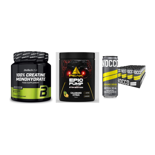 Kraft-Stack: BioTech Creatine + Peak Epic Pump + Nocco BCAA Drink – alle enthaltenen Artikel