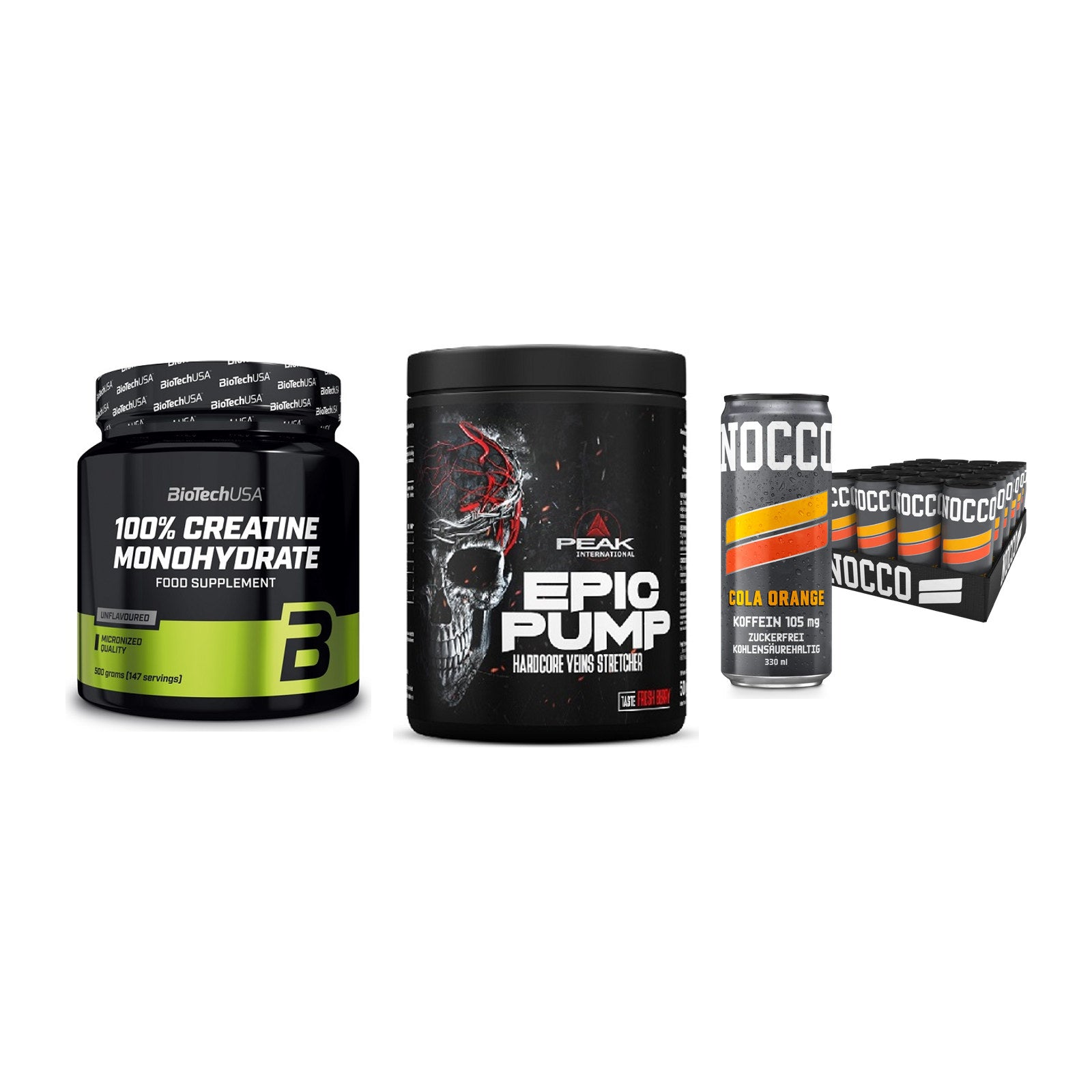 Kraft-Stack: BioTech Creatine + Peak EPIC Pump + Nocco BCAA Drink – alle enthaltenen Artikel