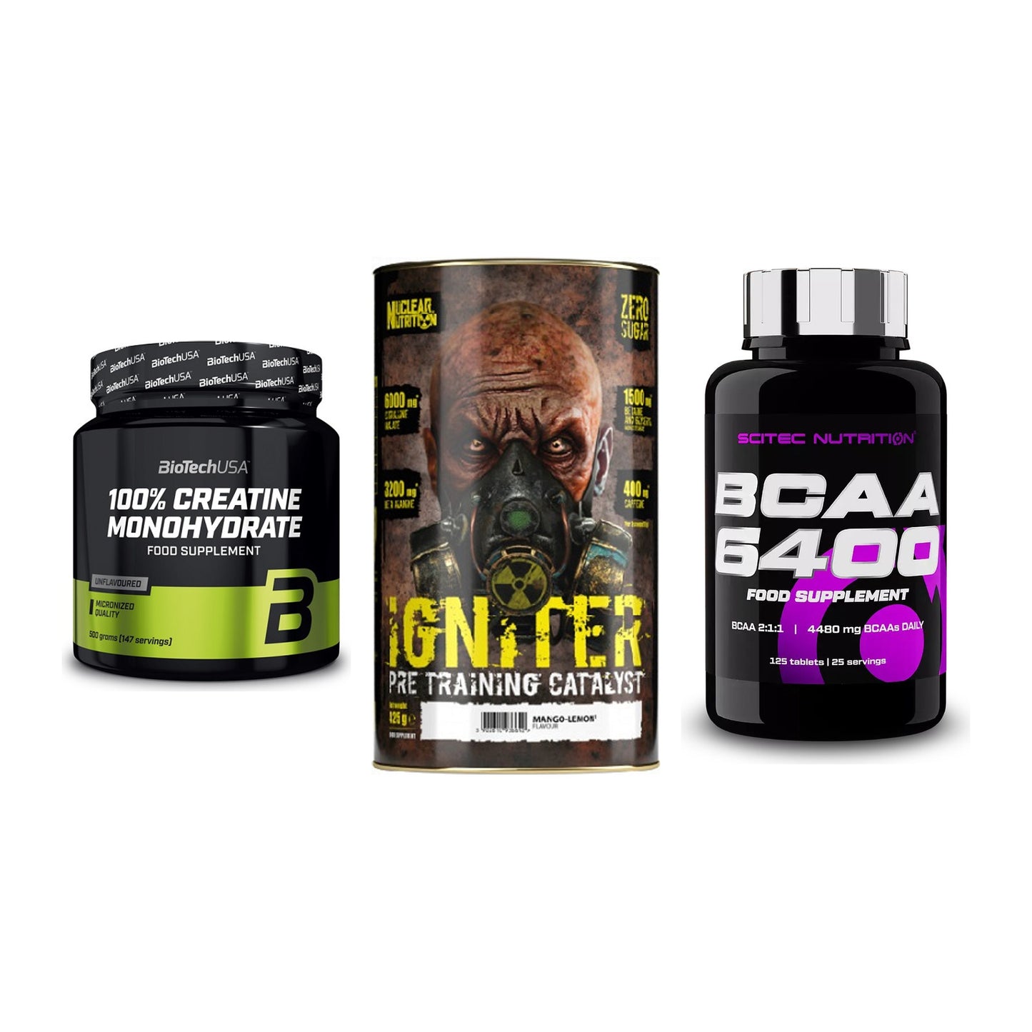 Kraft-Stack: BioTech Creatine + Nuclear Nutrition + Scitec BCAA 6400 – alle enthaltenen Artikel