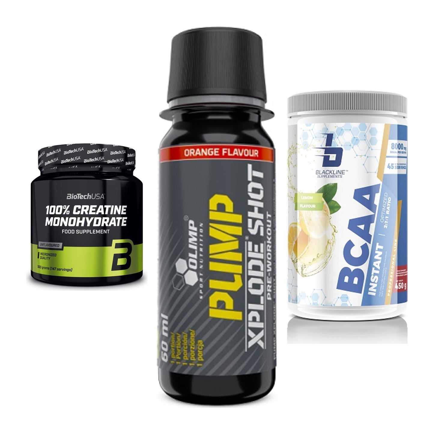 Kraft-Stack: BioTech Creatine + Olimp Pump Xplode + Blackline – alle enthaltenen Artikel