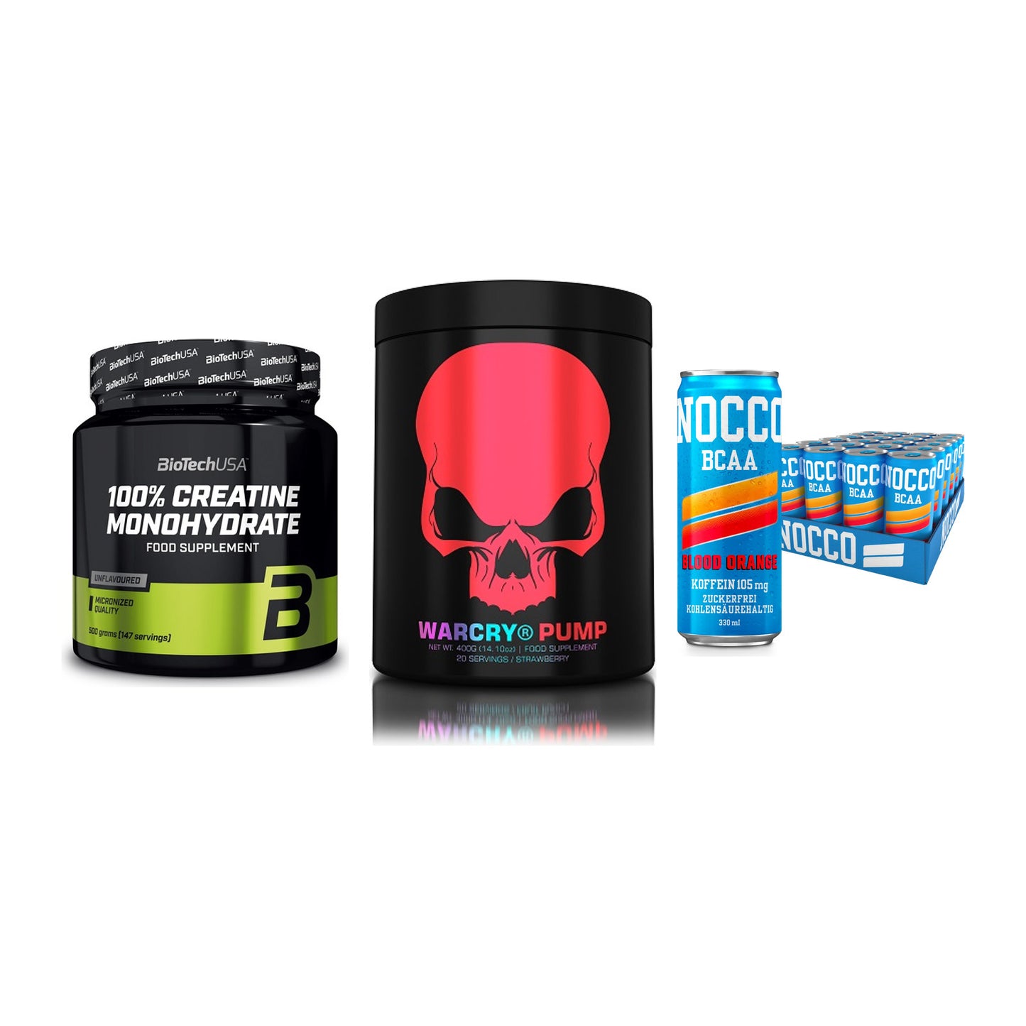 Kraft-Stack: BioTech Creatine + Genius Nutrition + Nocco BCAA Drink – alle enthaltenen Artikel