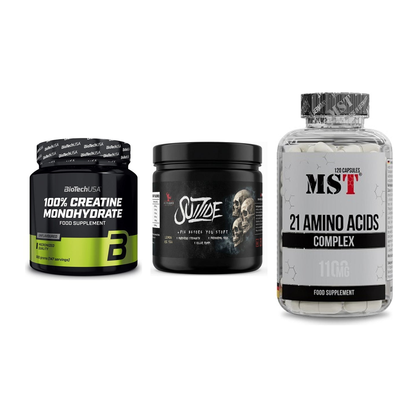 Kraft-Stack: BioTech Creatine + #GYMJUICE SUIZIDE + MST 21 Amino – alle enthaltenen Artikel