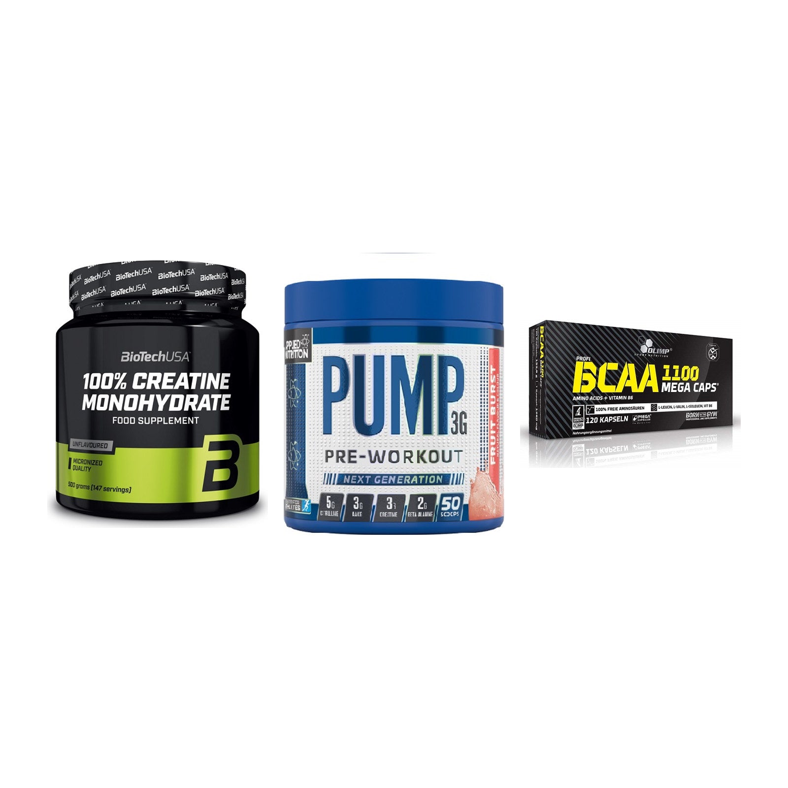 Kraft-Stack: BioTech Creatine + Applied Nutrition + Olimp BCAA Mega – alle enthaltenen Artikel