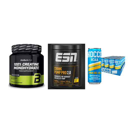 Kraft-Stack: BioTech Creatine + ESN Crank Pump + Nocco BCAA Drink – alle enthaltenen Artikel
