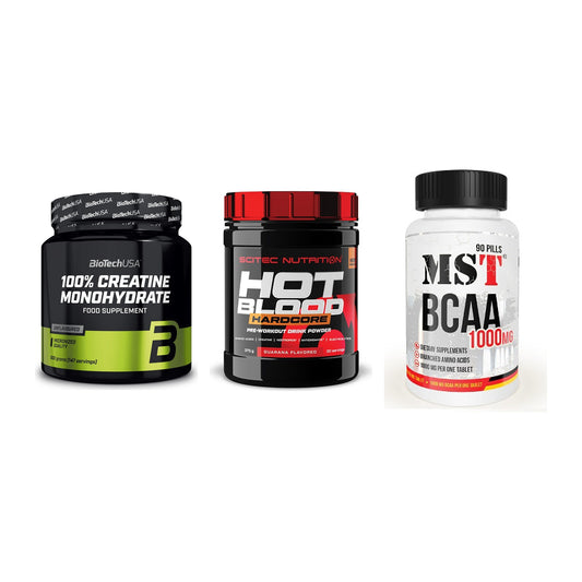 Kraft-Stack: BioTech Creatine + Scitec Hot Blood + MST BCAA 1000 (90 – alle enthaltenen Artikel