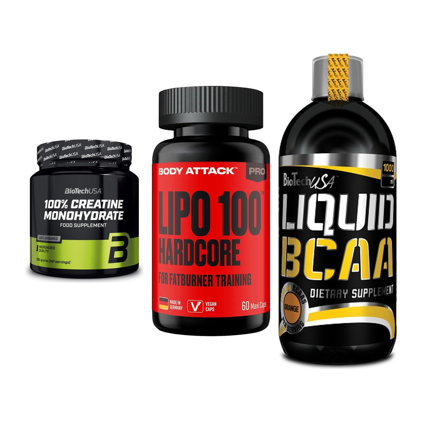 Kraft-Stack: BioTech Creatine + Body Attack LIPO + BioTech Liquid – alle enthaltenen Artikel