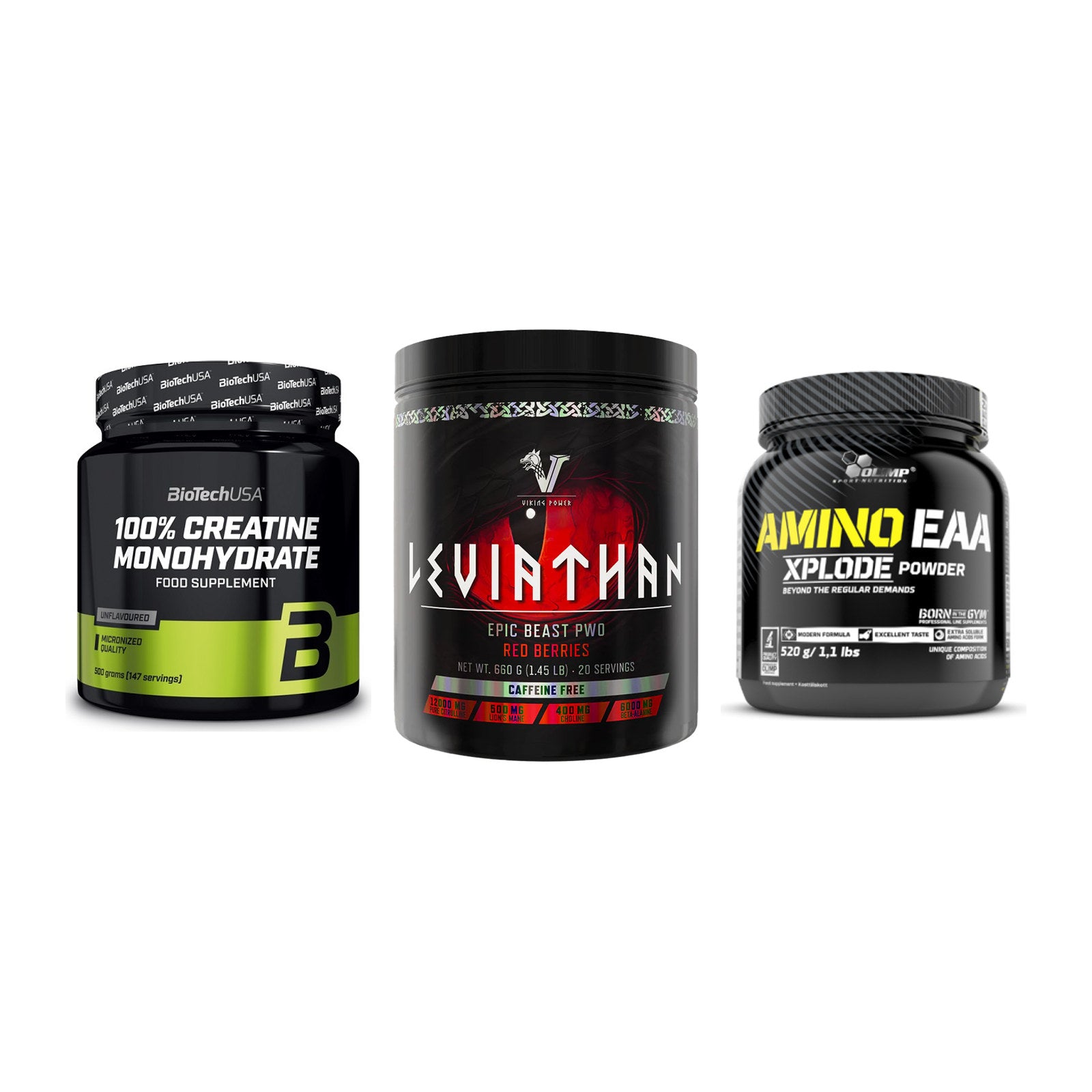 Kraft-Stack: BioTech Creatine + Viking Power + Olimp Amino EAA – alle enthaltenen Artikel