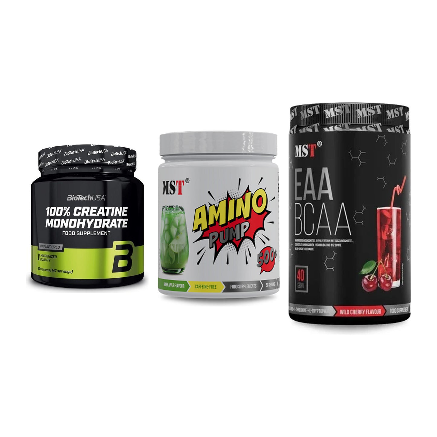Kraft-Stack: BioTech Creatine + MST Amino Pump + MST EAA & BCAA – alle enthaltenen Artikel