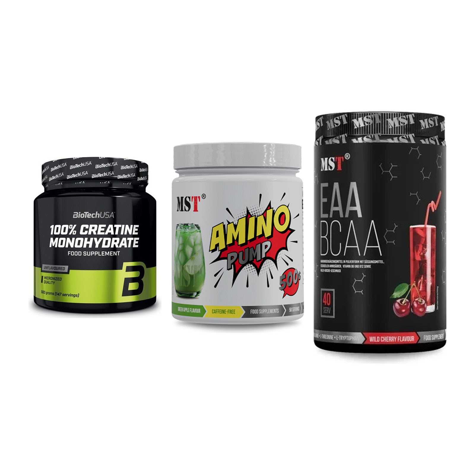 Kraft-Stack: BioTech Creatine + MST Amino Pump + MST EAA & BCAA – alle enthaltenen Artikel