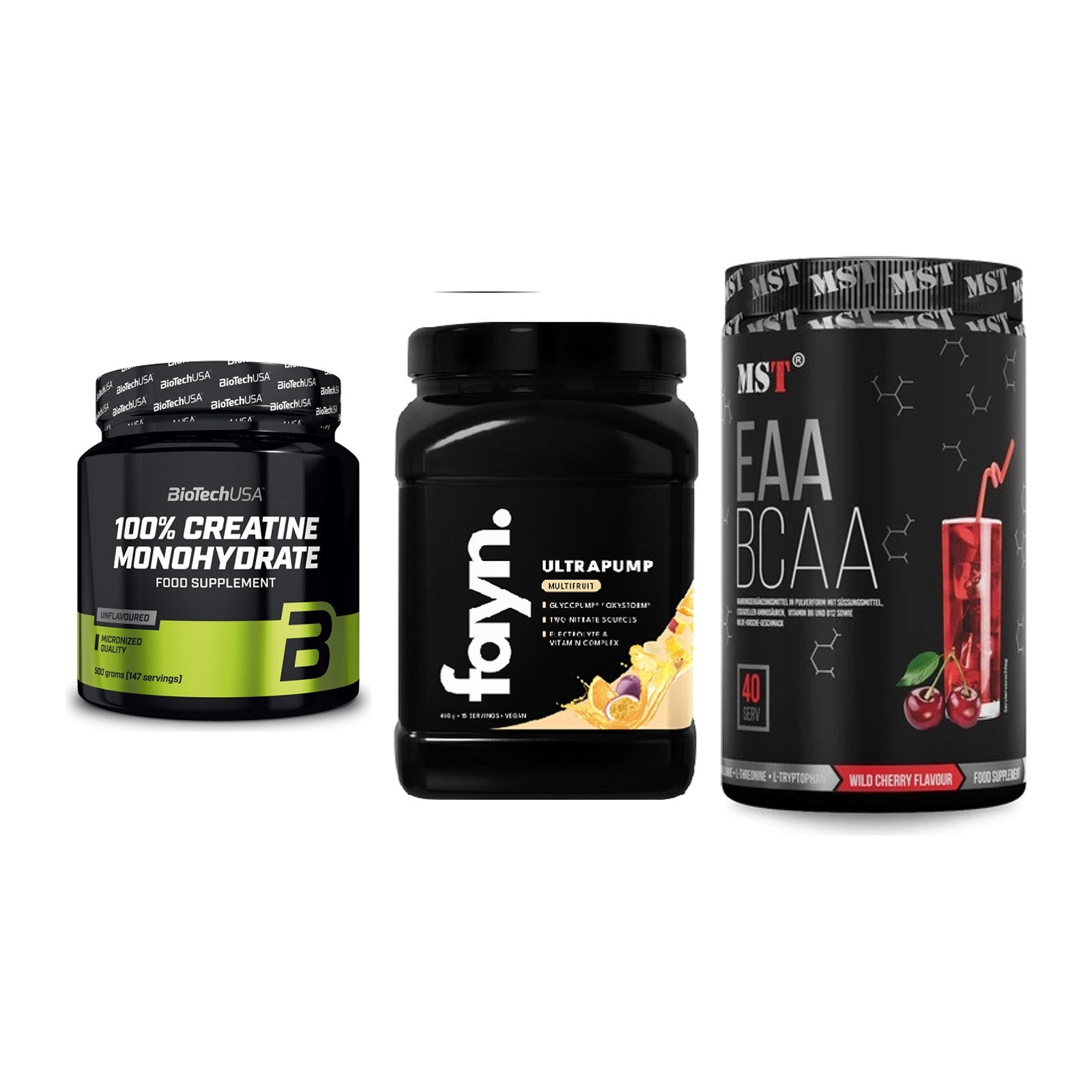 Kraft-Stack: BioTech Creatine + Fayn. Ultrapump + MST EAA & BCAA – alle enthaltenen Artikel