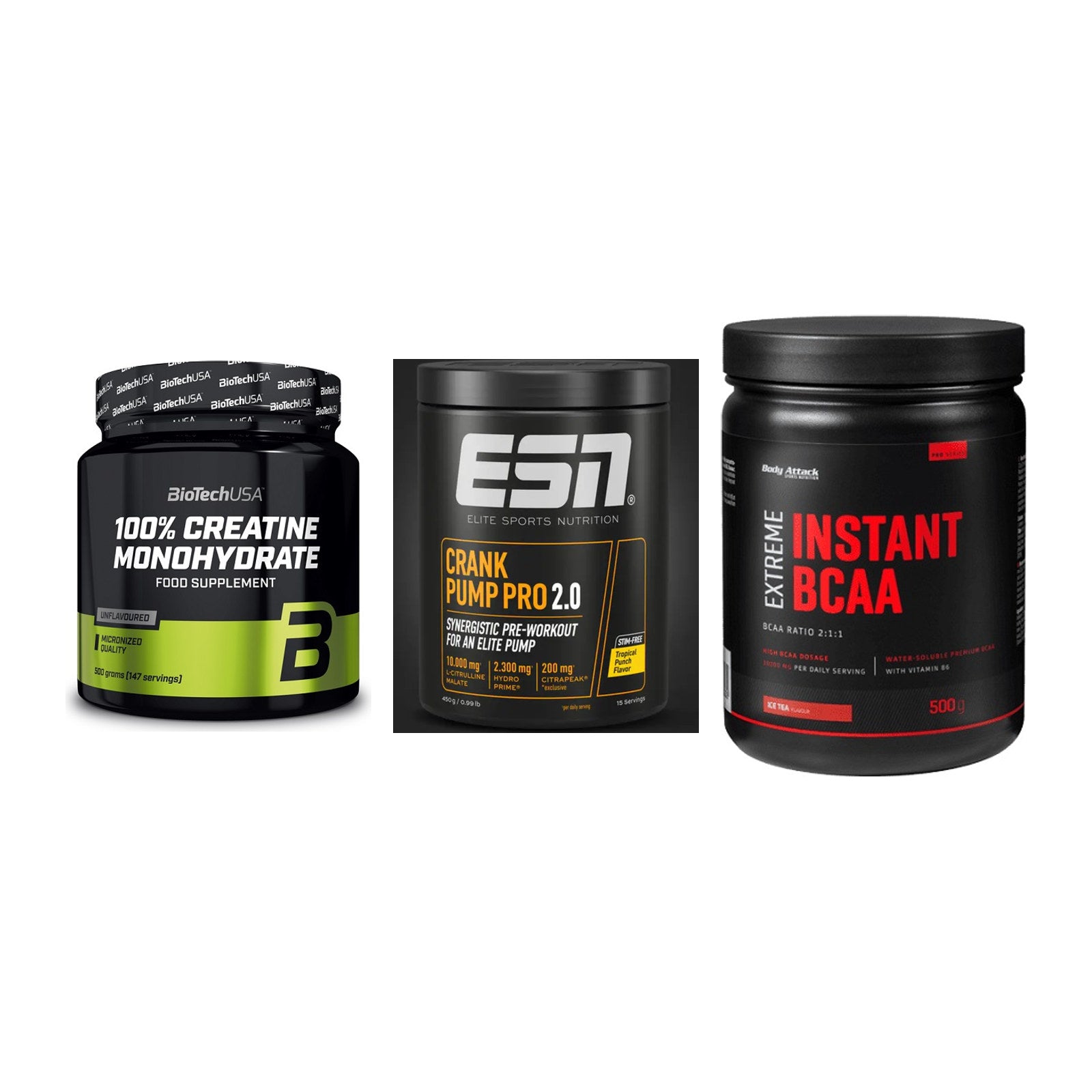 Kraft-Stack: BioTech Creatine + ESN Crank Pump + Body Attack – alle enthaltenen Artikel