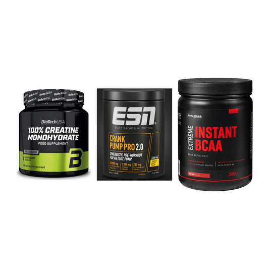 Kraft-Stack: BioTech Creatine + ESN Crank Pump + Body Attack – alle enthaltenen Artikel