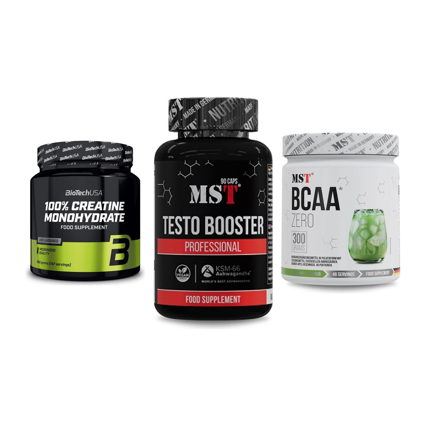 Kraft-Stack: BioTech Creatine + MST Testo Booster + MST BCAA Zero – alle enthaltenen Artikel