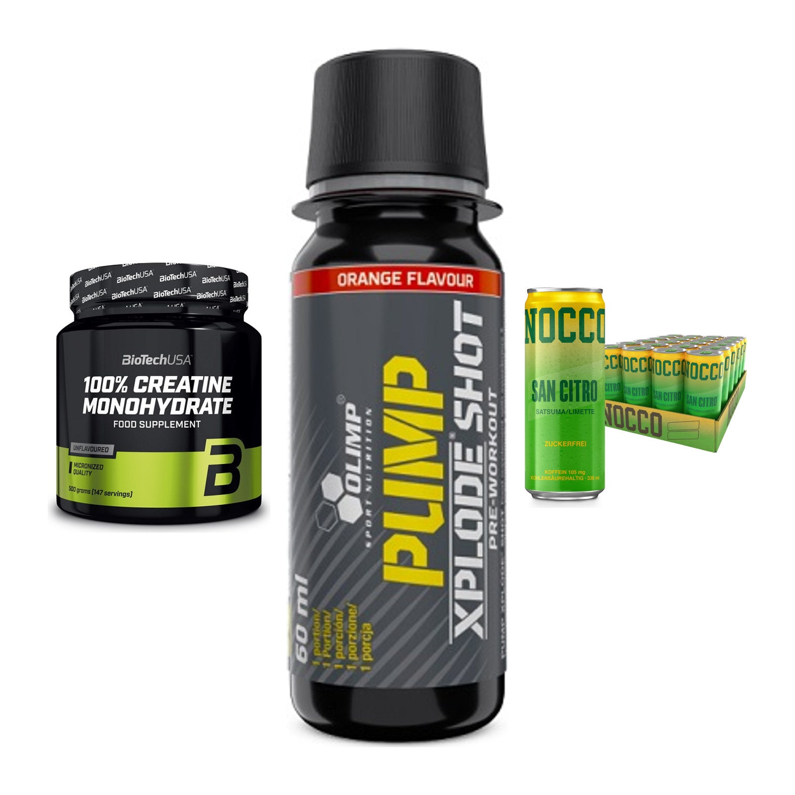 Kraft-Stack: BioTech Creatine + Olimp Pump Xplode + Nocco BCAA Drink – alle enthaltenen Artikel