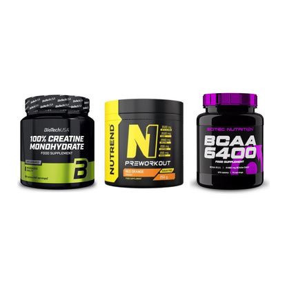 Kraft-Stack: BioTech Creatine + Nutrend N1 + Scitec BCAA 6400 – alle enthaltenen Artikel