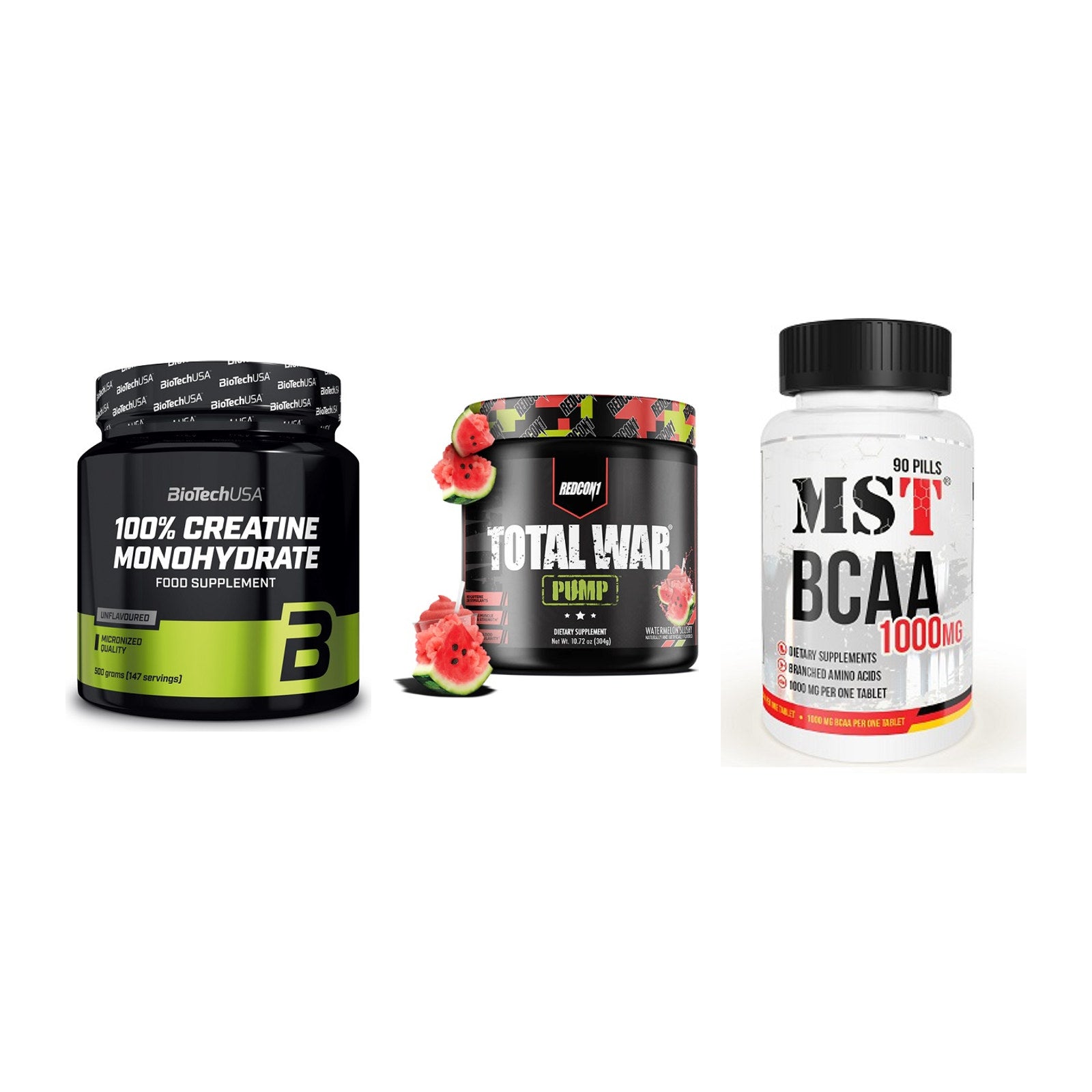 Kraft-Stack: BioTech Creatine + Redcon1 Total War + MST BCAA 1000 (90 – alle enthaltenen Artikel
