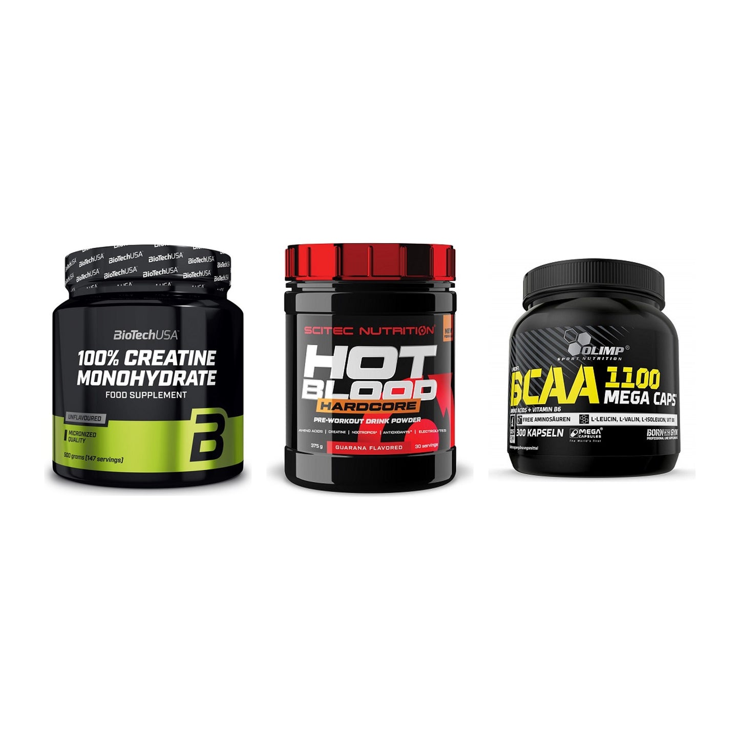 Kraft-Stack: BioTech Creatine + Scitec Hot Blood + Olimp BCAA Mega – alle enthaltenen Artikel