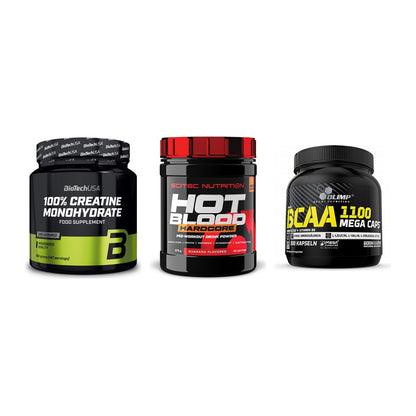 Kraft-Stack: BioTech Creatine + Scitec Hot Blood + Olimp BCAA Mega – alle enthaltenen Artikel