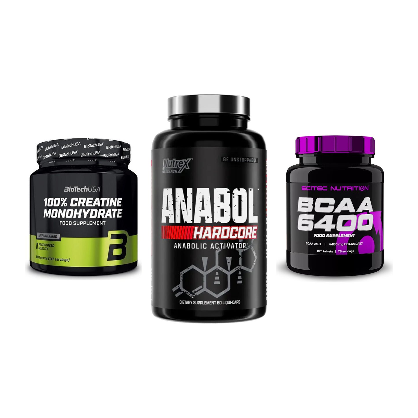 Kraft-Stack: BioTech Creatine + Nutrex Anabol + Scitec BCAA 6400 – alle enthaltenen Artikel