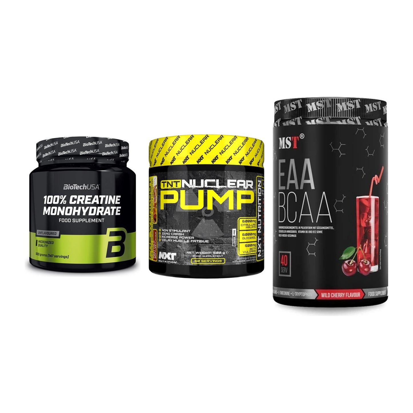 Kraft-Stack: BioTech Creatine + NXT Nutrition TNT + MST EAA & BCAA – alle enthaltenen Artikel
