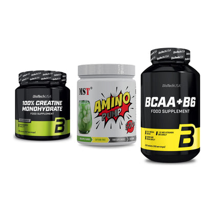 Kraft-Stack: BioTech Creatine + MST Amino Pump + BioTech BCAA+B6 – alle enthaltenen Artikel