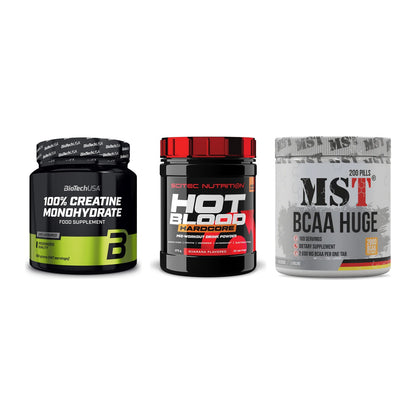 Kraft-Stack: BioTech Creatine + Scitec Hot Blood + MST BCAA Huge 200 – alle enthaltenen Artikel