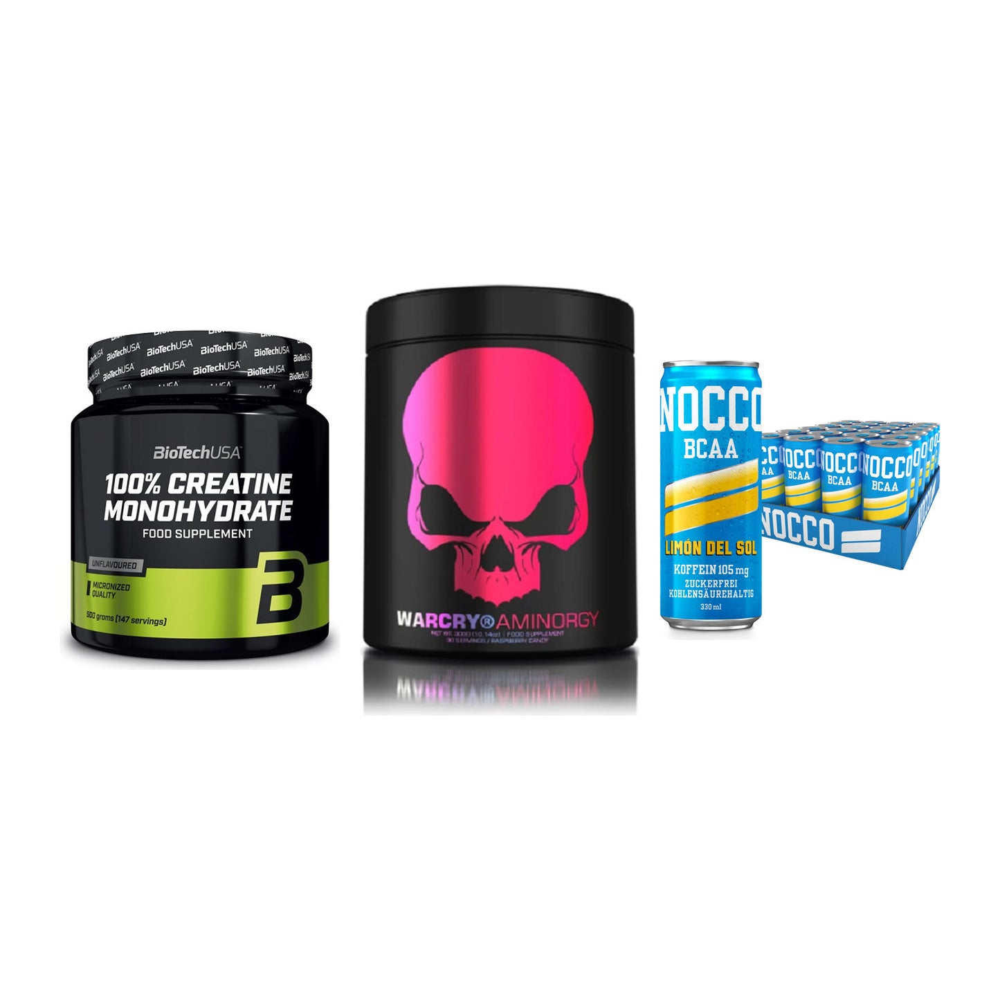 Kraft-Stack: BioTech Creatine + Genius Nutrition + Nocco BCAA Drink – alle enthaltenen Artikel