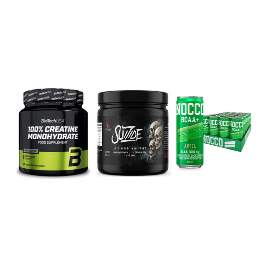 Kraft-Stack: BioTech Creatine + #GYMJUICE SUIZIDE + Nocco BCAA Drink – alle enthaltenen Artikel