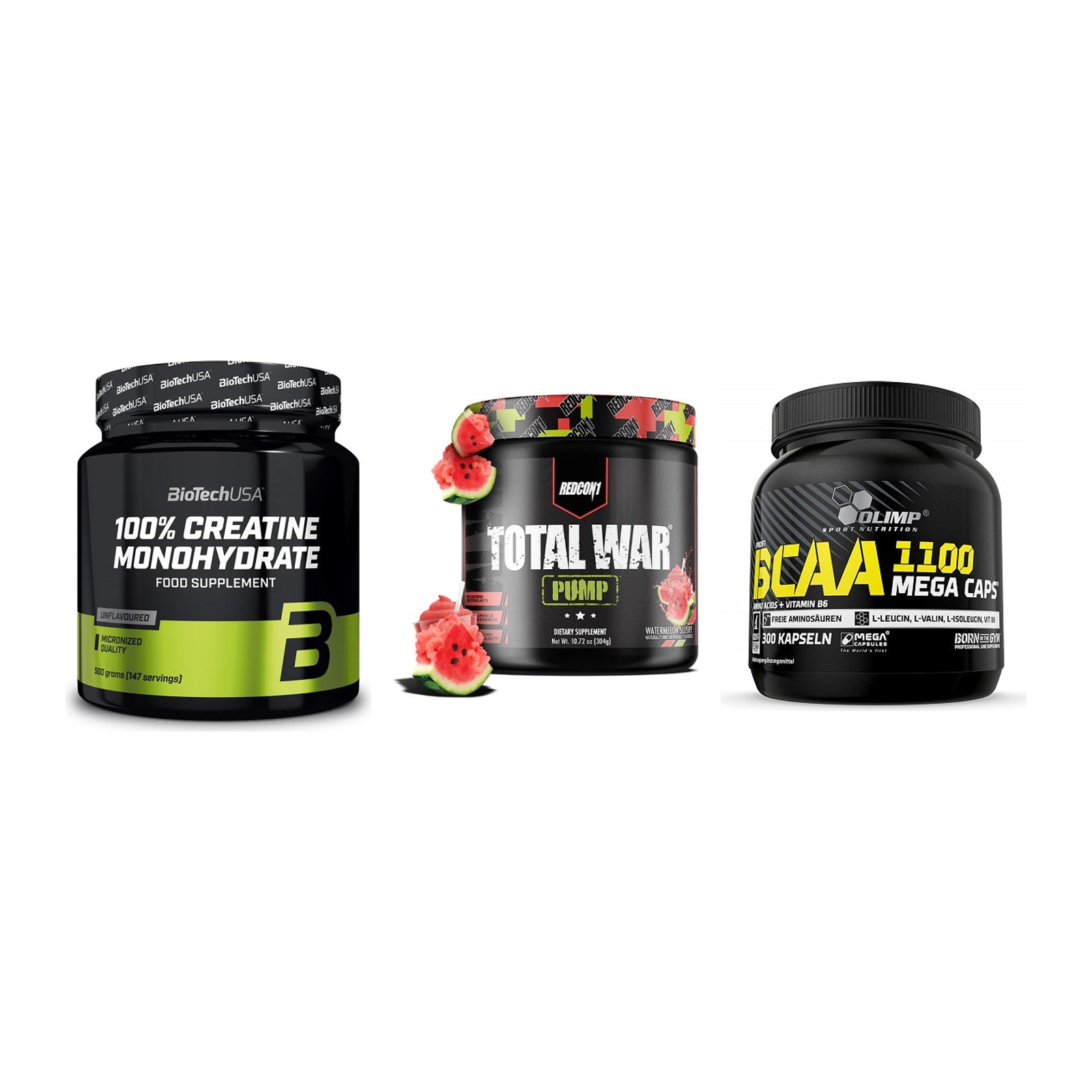 Kraft-Stack: BioTech Creatine + Redcon1 Total War + Olimp BCAA Mega – alle enthaltenen Artikel