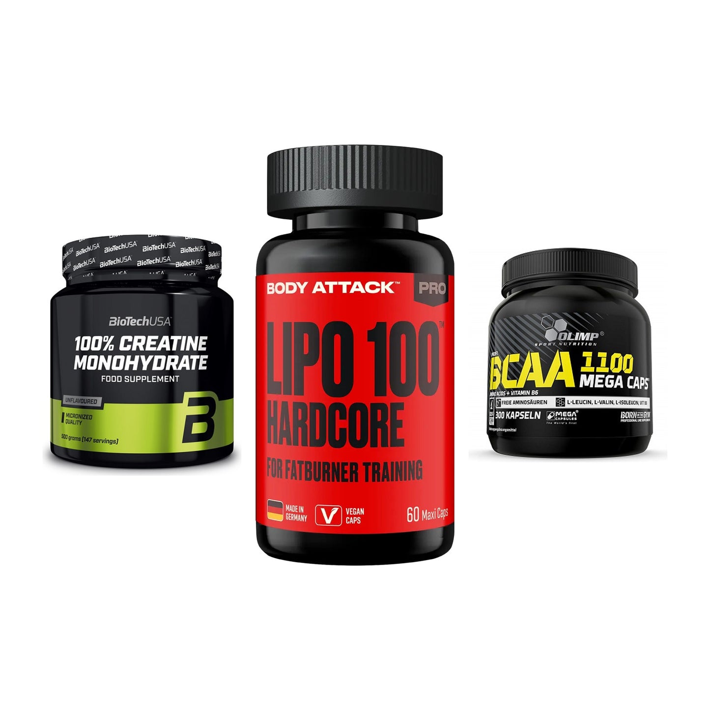 Kraft-Stack: BioTech Creatine + Body Attack LIPO + Olimp BCAA Mega – alle enthaltenen Artikel