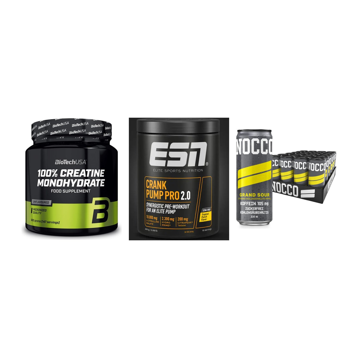 Kraft-Stack: BioTech Creatine + ESN Crank Pump + Nocco BCAA Drink – alle enthaltenen Artikel